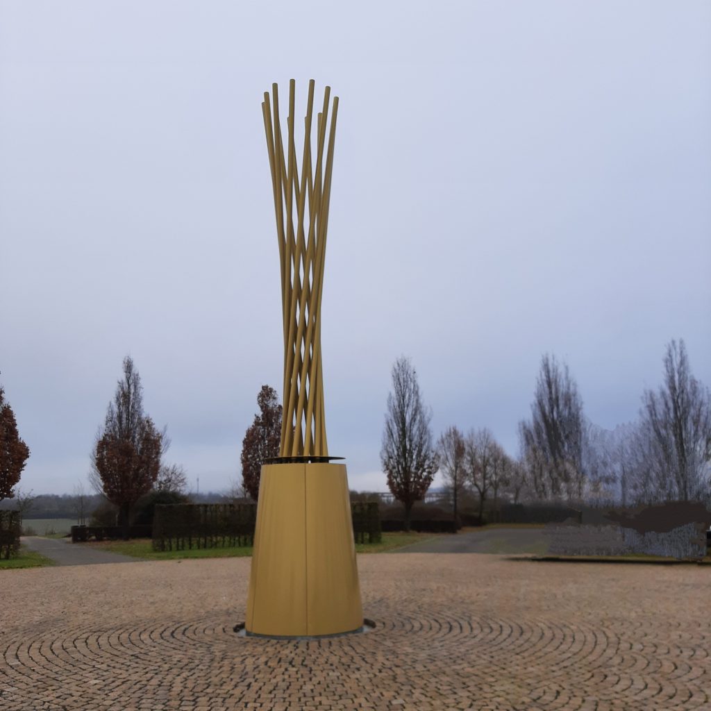 Skulptur aus tordierenden Röhren als Glockenspiel mit Schlagwerk und Sockelverkleidung in Form eines Kegelstumpfes, goldfarbig Pulverbeschichtet.